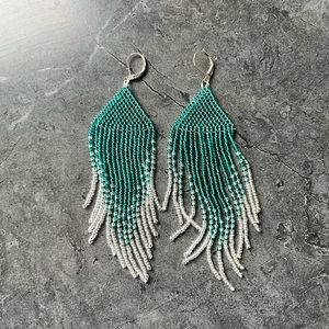 4.5 inch Fringe Earrings, teal/clear silver
